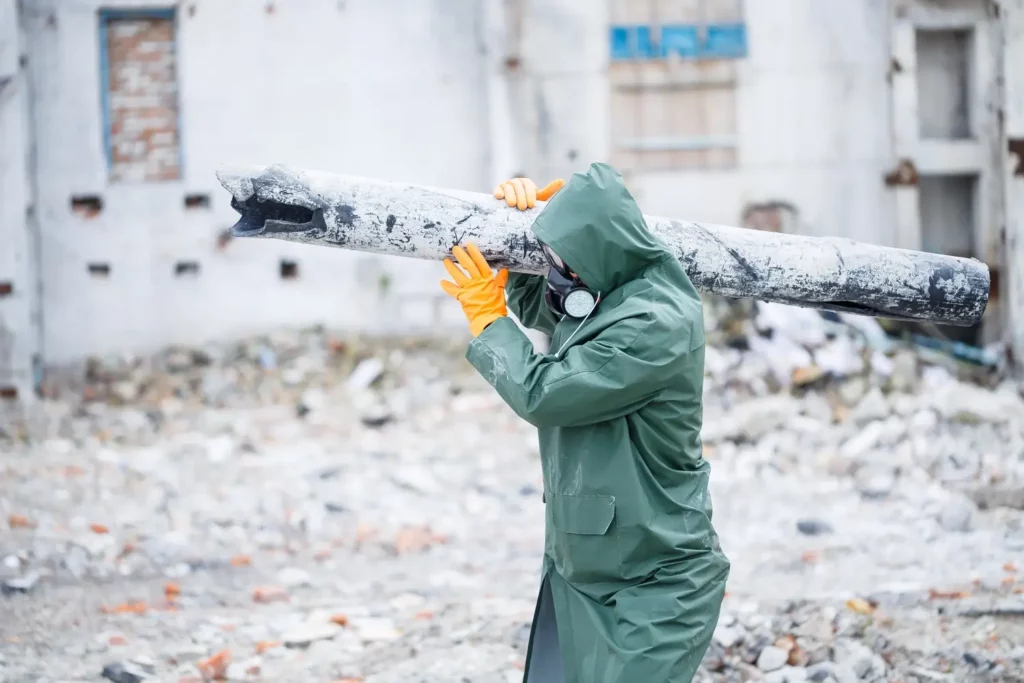 operaio asporta tubo in amianto da cantiere